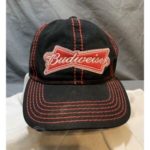 Budweiser Beer Baseball Cap Hat Black Red Stitch Distressed Adjustable Strap